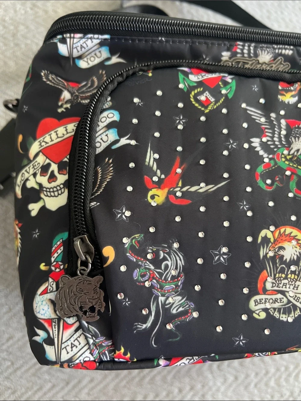 NWT Ed Hardy Rhinestoned Black Tattoo Print Insulated Lunch Tote Shoulder Bag